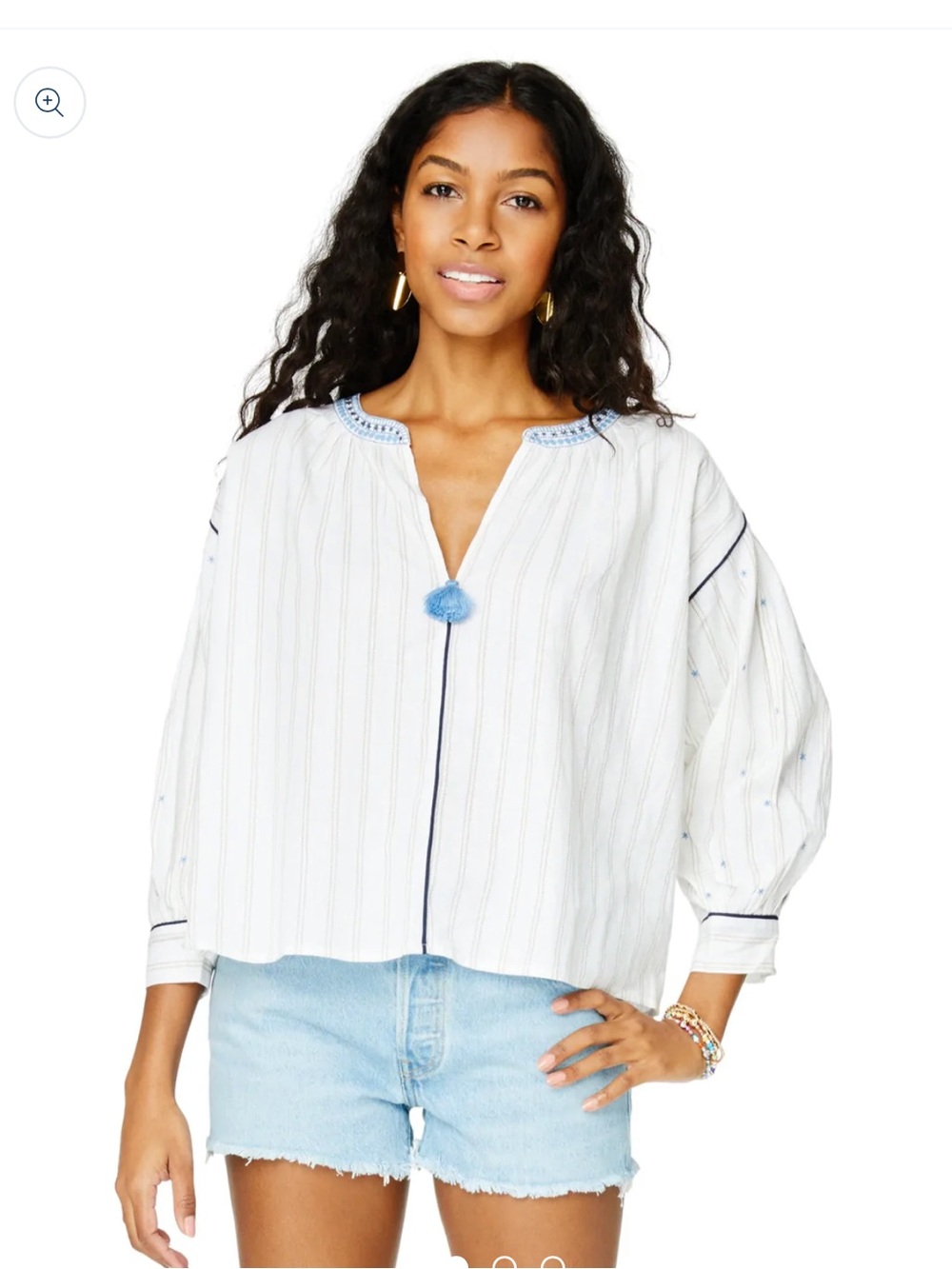 Roller Rabbit Indriya Embroidered Laura tassel top Ivory/Blue NWT SMALL